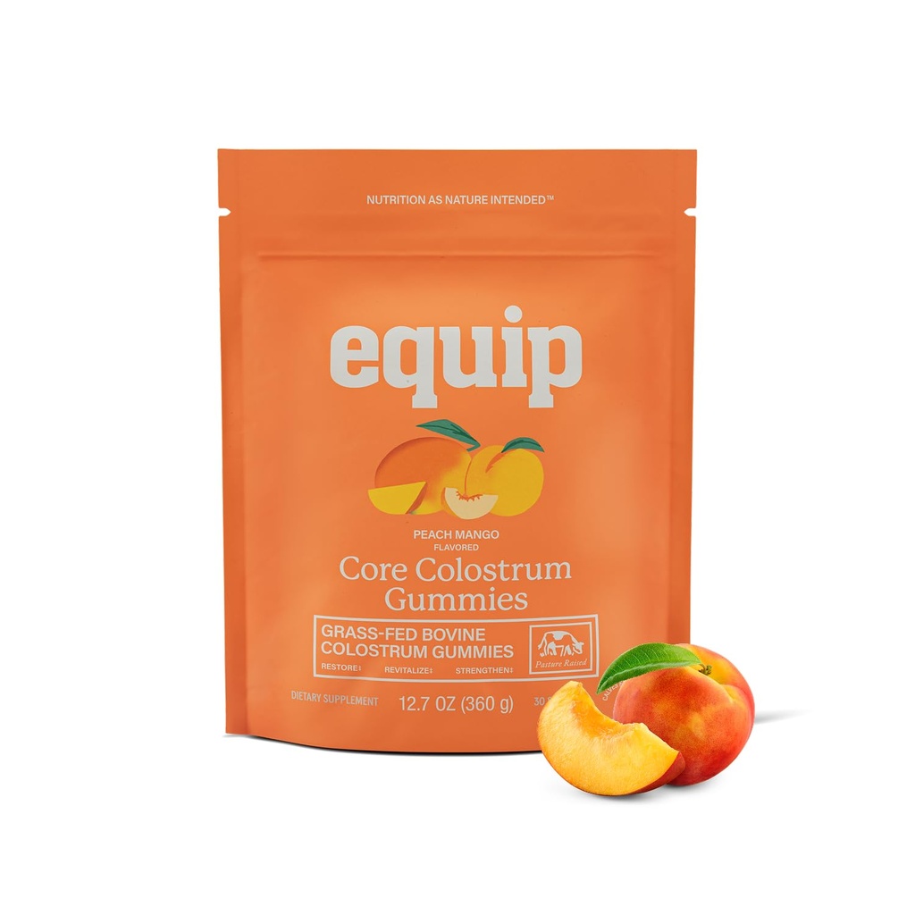 Equip Foods Core Bovine Colostrum Gummies, Delicious 1g Per Seving Grass Fed Colostrum Supliment - Gut Health, Imunitate, Recuperare, Hair & Skin - 60 bovine Colostrum Gumies, 30 Serviri, Peach Mango