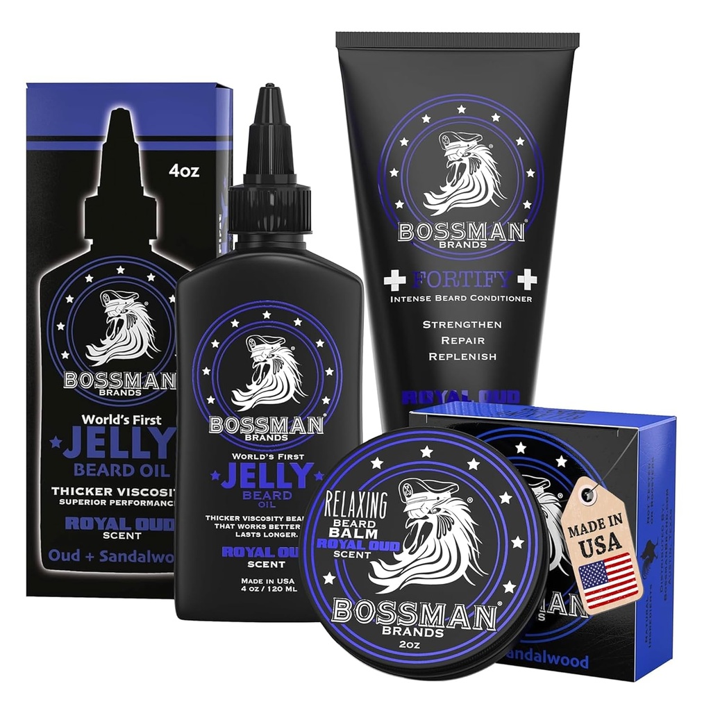 Bossman Essentials Barbă Kit pentru bărbați, Set de 3 - Jelly ulei de barbă, Fortifying Balm - accesorii de îngrijire a creșterii barbă - Set cadou pentru bărbați (Royal Oud)