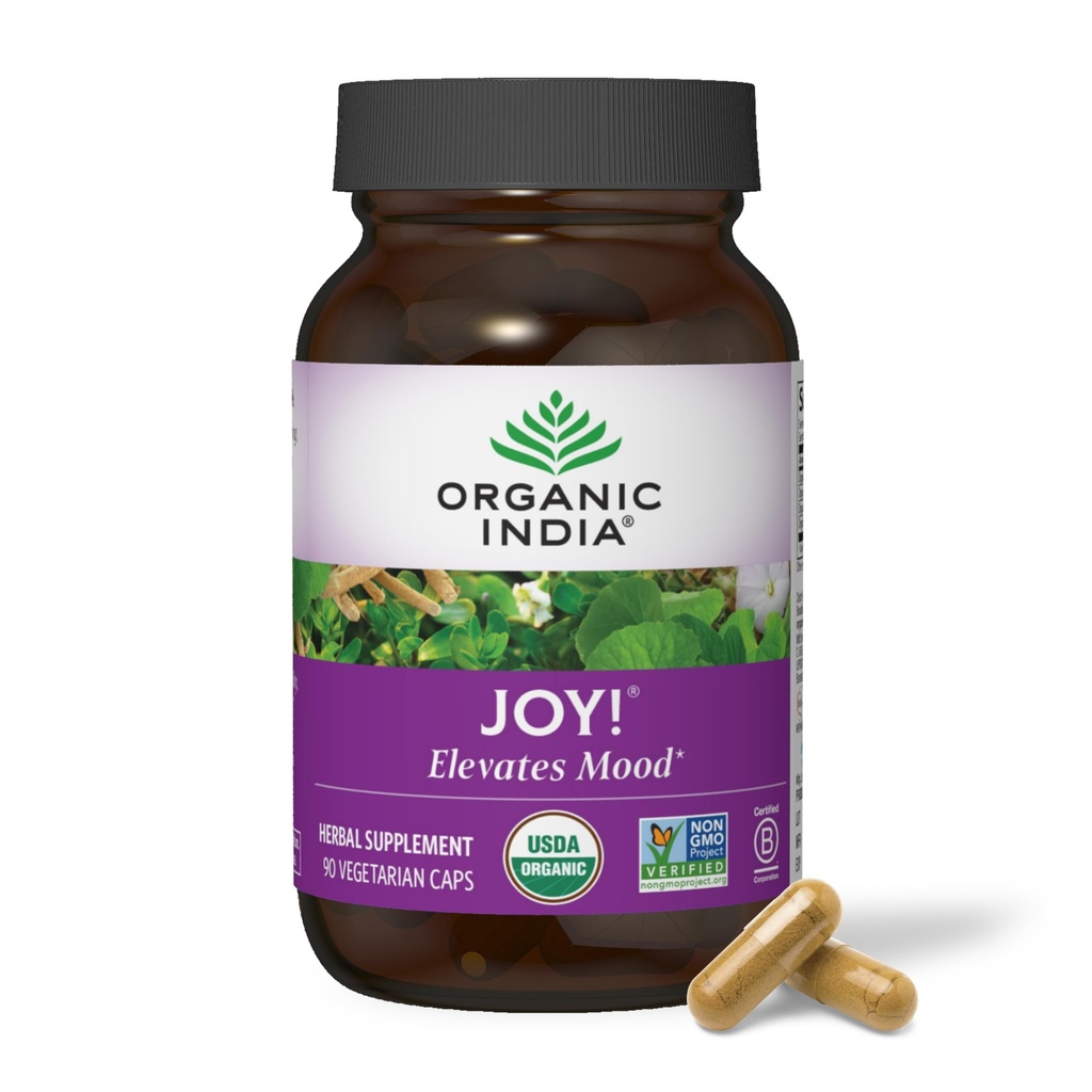 INDIA ORGANIC Joy Suplimentul Herbal - Suport Imun, Promoveaza Memorie & Concentrare, Vegan, Gluten-Free, Kosher, USDA Certified Organic, Non-GMO, Calmant - 90 capsule