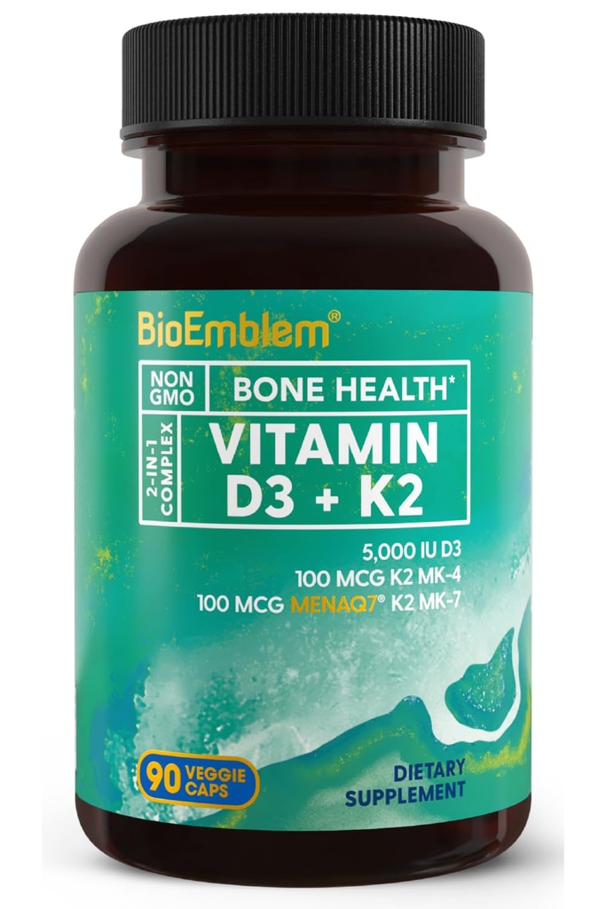 BioEmblem Vitamina D3 Capsule K2 (5000UI și 200mcg) - Patentat MK7 și MK4 pentru 3-in-1 Complex de suport - Vegetarian Vitamina D K2 Supliment pentru dinți, inimă, sistem imunitar - Non-GMO, 90 Capsuri