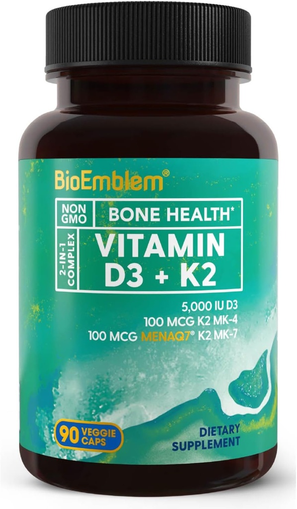 BioEmblem Vitamina D3 Capsule K2 (5000UI și 200mcg) - Patentat MK7 și MK4 pentru 3-in-1 Complex de suport - Vegetarian Vitamina D K2 Supliment pentru dinți, inimă, sistem imunitar - Non-GMO, 90 Capsuri