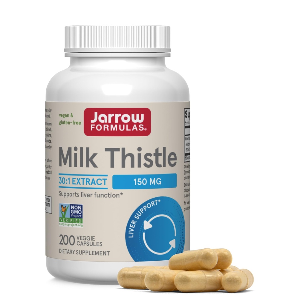 Jarrow Formulas Milk Thistle 150 mg cu 30:1 Extract de silimarină standardizate, Supliment alimentar pentru suport funcţie hepatică, 200 Capsule Veggie, 66-200 zi de aprovizionare