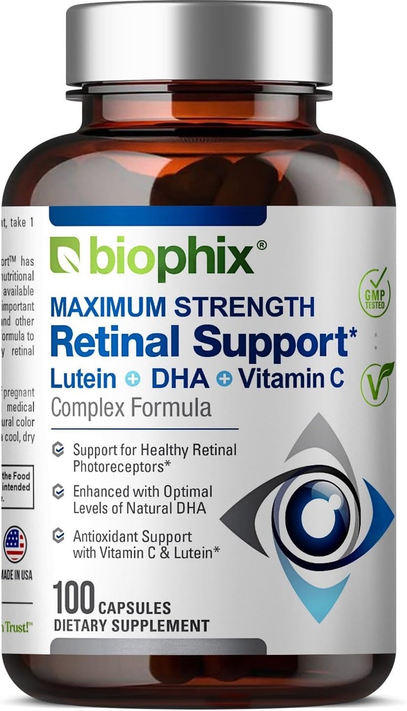 Biophix Retinal Support Complex maxim de rezistenţă Formula 100 Capsule - Zinc Vitamina C E Lutein DHA Omega-3 Astaxanthin Acid hialuronic - Susţine viziune oculară Sănătate