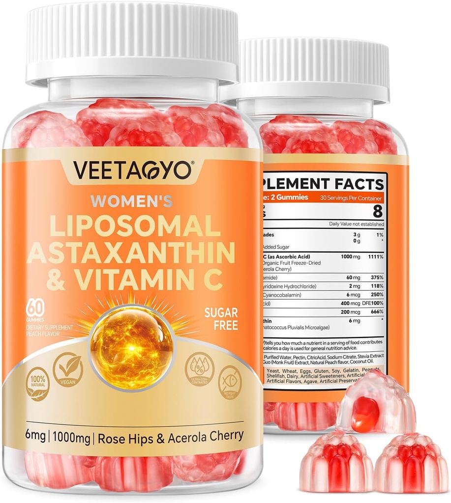 Astaxanthin Suplimente 6mg + Vitamina lipozomala C 1000mg - Dual Layer - Niacin B6,B12,Folat,Biotina - Antioxidanti - Gelatină Free,Sugar Free,60Cts