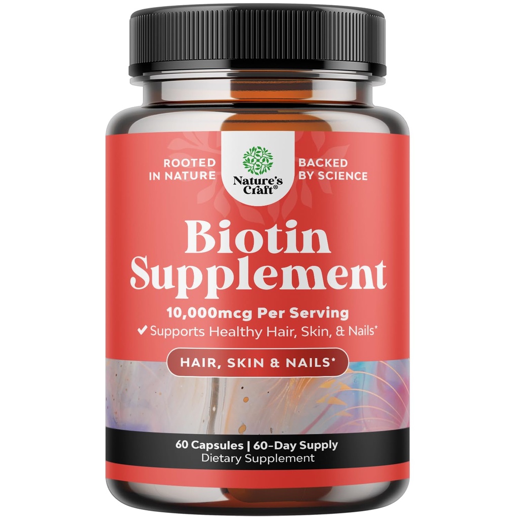 Naturas Craft 10000 mcg Pilulele Biotin pure pentru femei Bărbaţi - promovează mai gros şi mai plin par. Suplimentul natural pentru cresterea stralucitoare a parului gros - Capsule de vitamine vegetariane - Obtinerea clare unghii puternice pielii