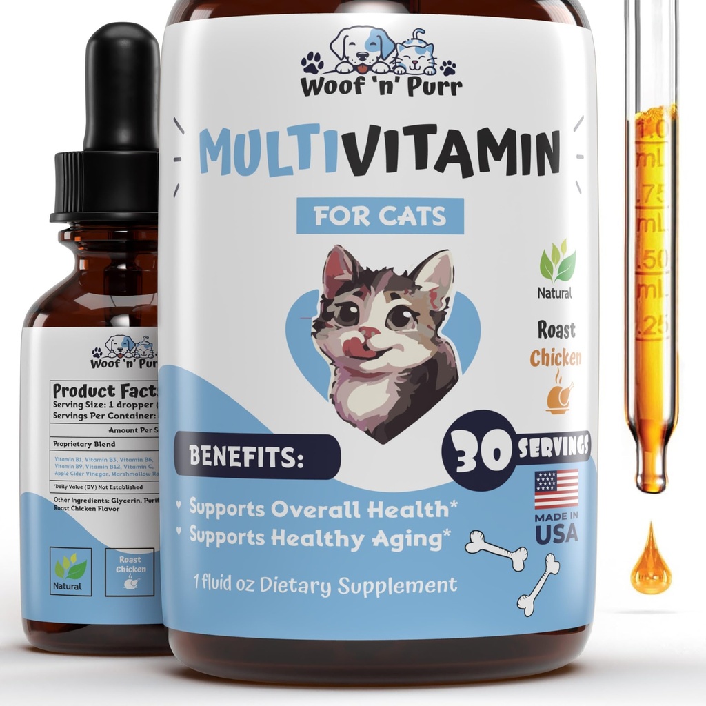 Cat Multivitamine - Promoveaza sanatoasa piele si haina, suport comun, longevitate & mai mult - Cat Vitamine - Cat Suplimente si vitamine - Cat Vitamine pentru pisici de interior - Kitten Vitamine - Cat Immune Support - 1 oz