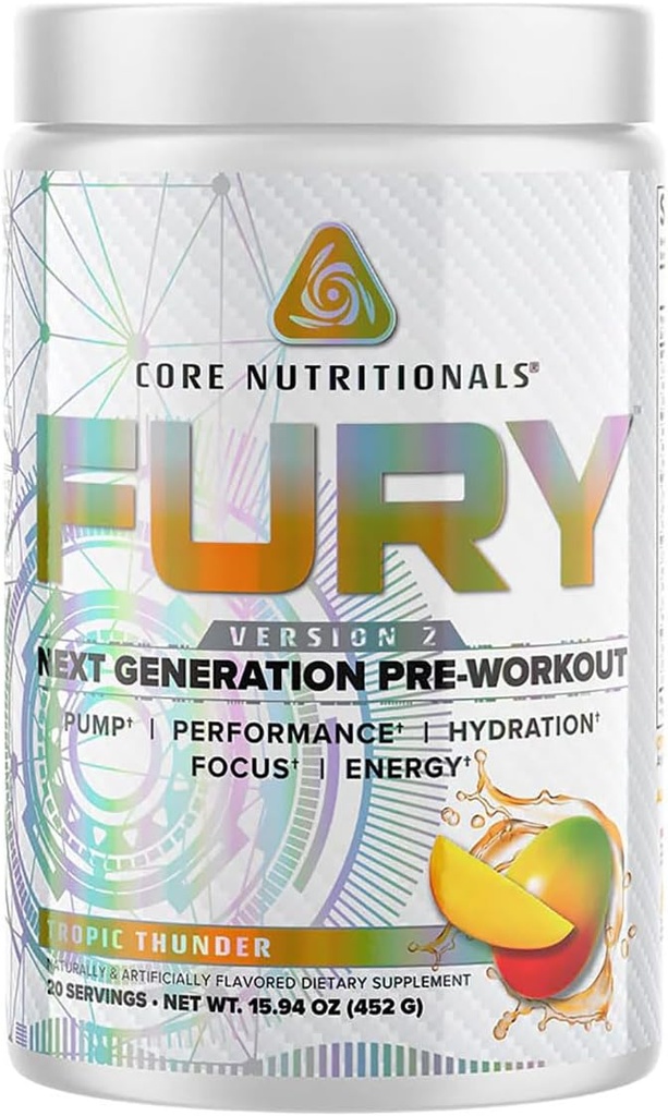 Core Nutritionals Fury V2: Pre-Workout pulbere pentru maximizarea performanței în sala de gimnastică W/Zum-XR® Cafeina, L-CItruline, și Alpha GPC (40 Scoops) (Thunder Tropic)