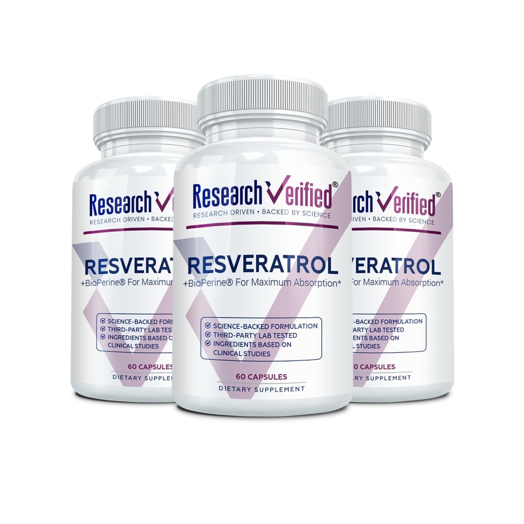 Cercetare Resveratrol verificat - 98% Trans-Resveratrol 1000 mg, Suport anti-îmbătrânire - 60 capsule pe flacon - 3 flacoane