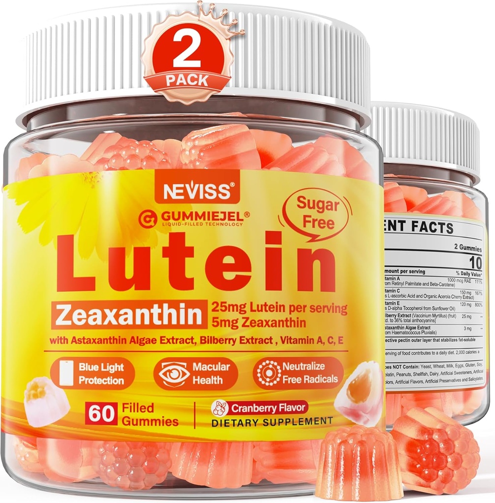 2 Pack Lutein și Zeaxanthin Suplimente Gummies (25mg) Vitamine A, C, E, Bilberry, Astaxanthin - Ulei de cocos pentru o mai bună absorbție - pentru adulți și adolescenți viziune, ochi, creier, piele - Vegan, zahăr gratuit