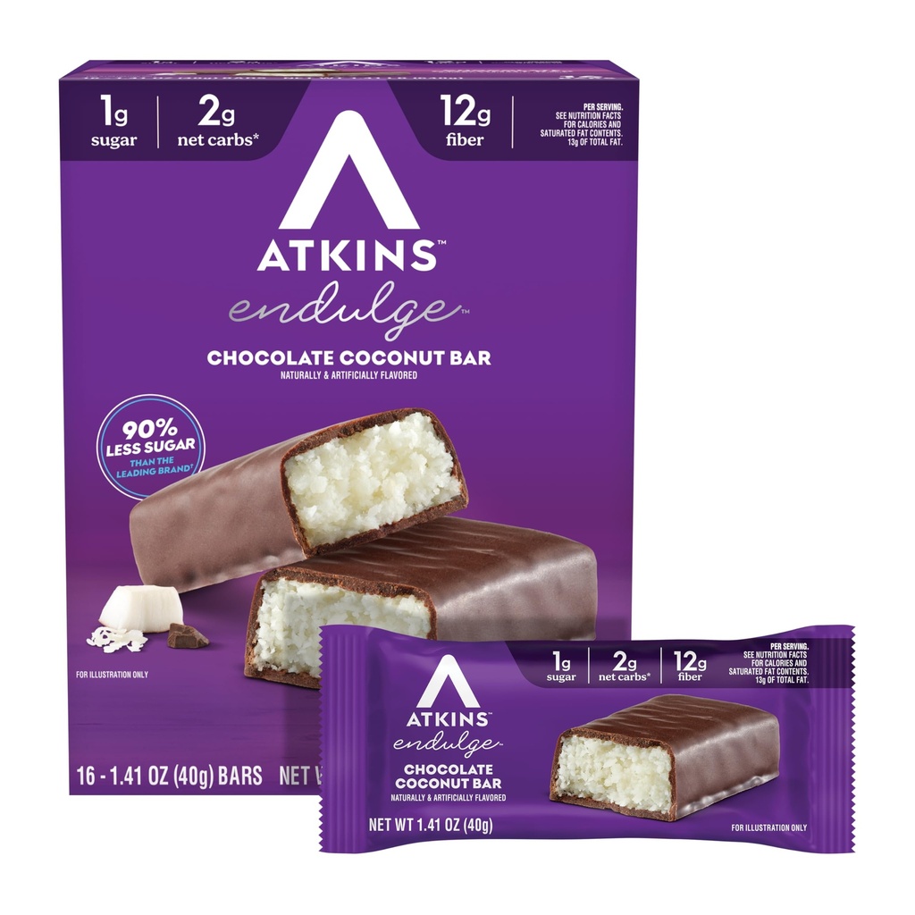 Atkins Endulge Ciocolata Coconut Aromat Bar, Low Sugar Treat, High in Fiber, 16 Conte