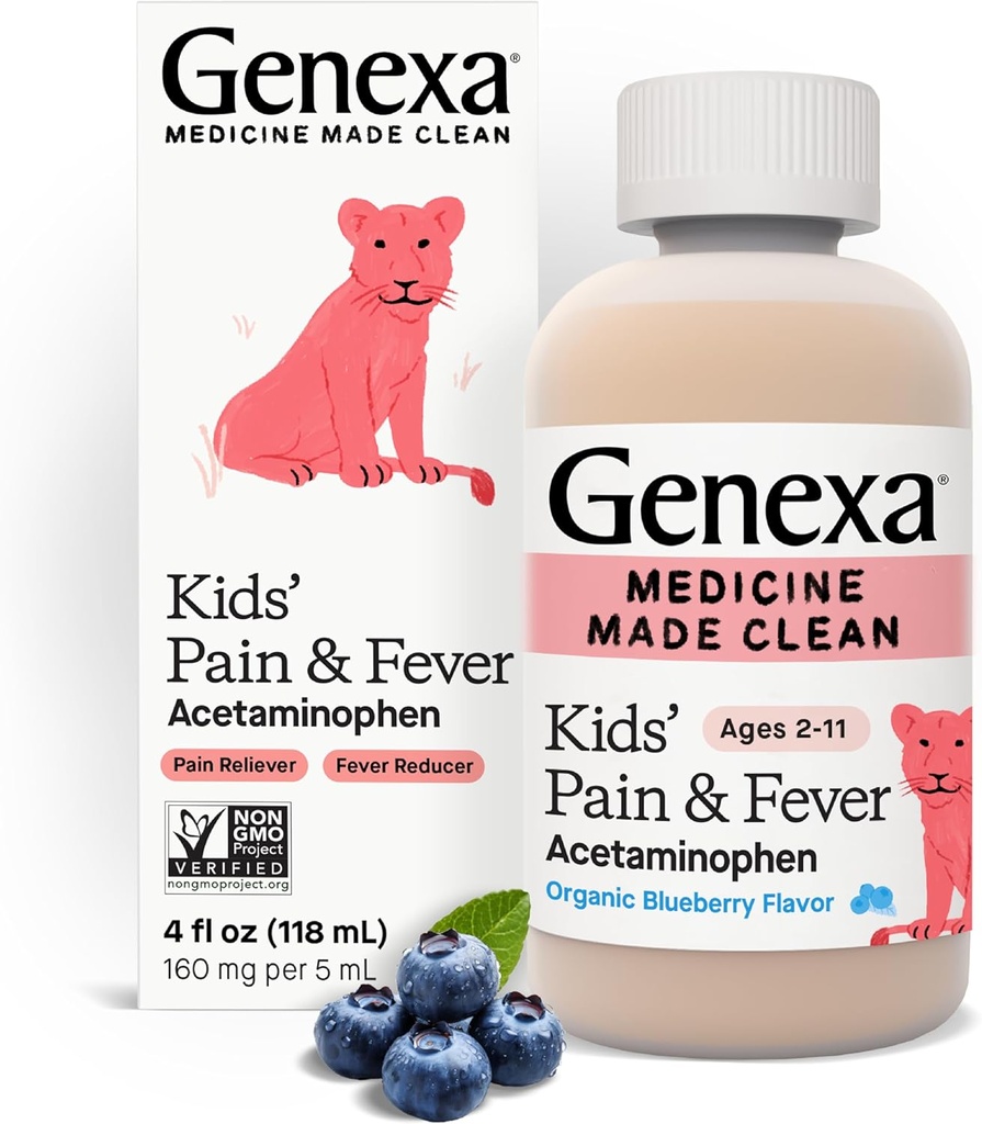 Genexa Kids 'Acetaminofen durere & Febră Suspensie orală Medicină - 4oz - Pentru copii 2 - 11 ani, calmează temporar dureri și simptome de febră, 160 mg per 5 ml - Aroma de afine organice