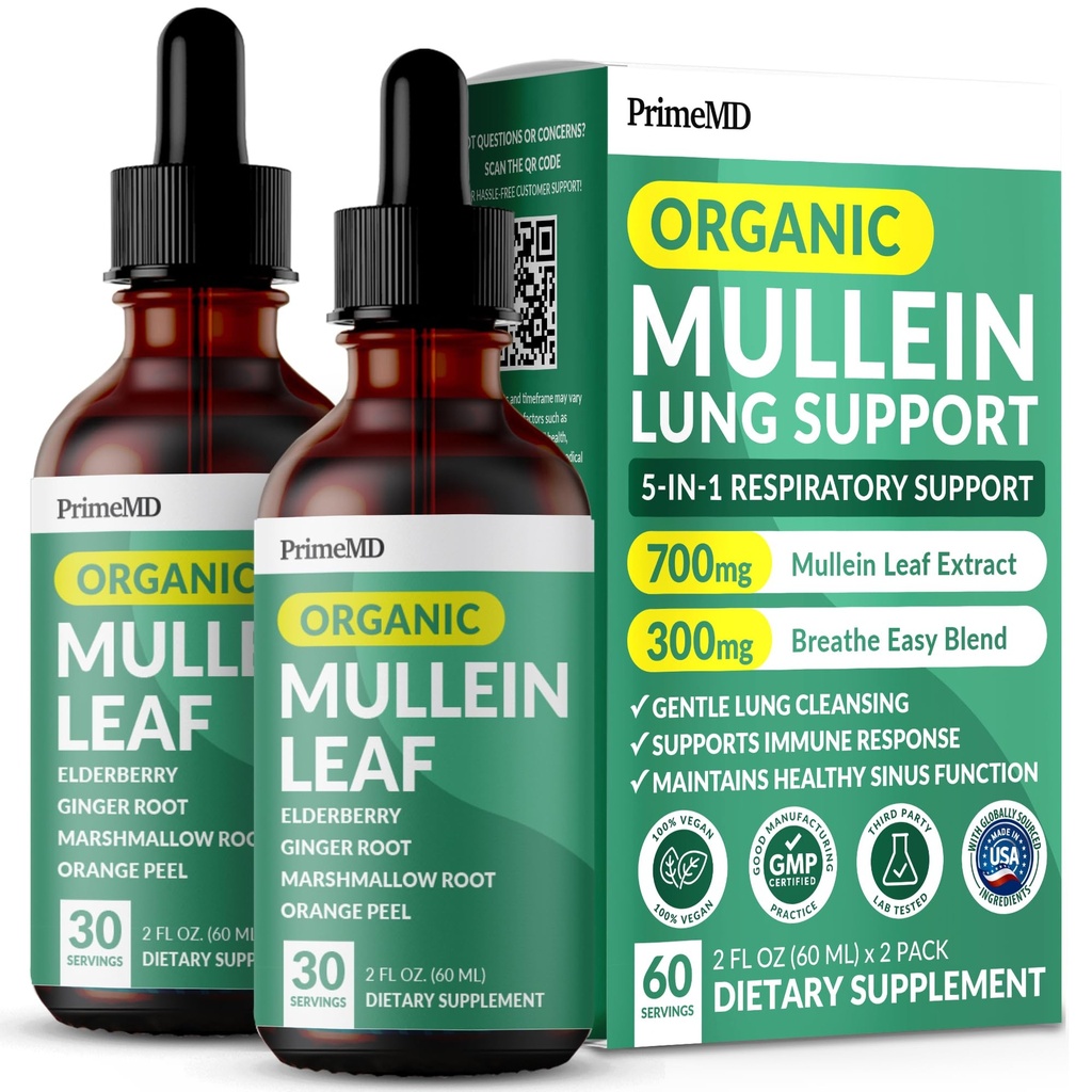 5-in-1 Mullein picături pentru plămâni și Bronhial - Suport pentru sănătatea plămânilor cu extract de frunze Mullen pentru plămâni - Tinctură Mullein cu Elderberry, Echinaceae și Root Ginger (60 Servings) (2-pack)