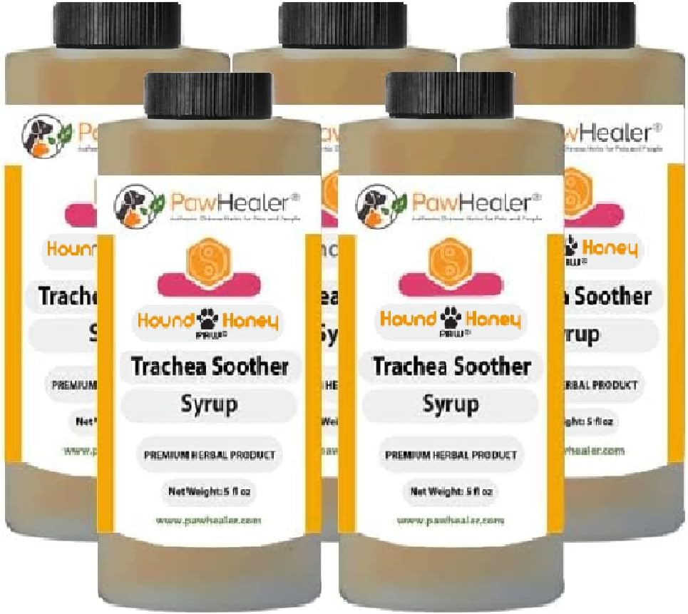 Trachea Soother Syrup 5PAK Hound Honey - Natural Herbal Remedy pentru simptome de trahee colapsat - gust bun - ușor de administrat (5 fl oz/ea)