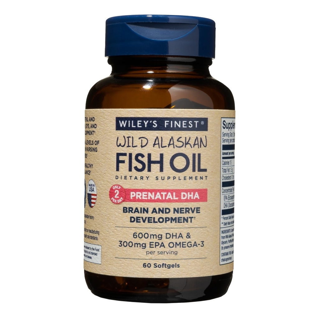 Wiley Finest Wild Alaska ulei de pește Prenatal DHA - 900mg EPA și DHA Omega-3s pentru femeile gravide și mamele care alăptează - 60 Softgels (30 Prenatal Vitamin Servings)