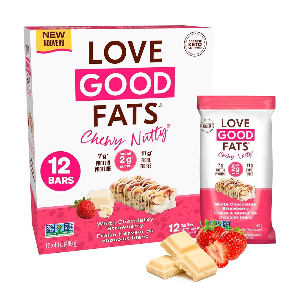 Dragoste Good Fats Chewy Nutty White Chocolatey Strawberry Keto Baruri - Snacks proteine cu carbohidrați scăzut - 12 pachet (59oz / 45g fiecare bar)