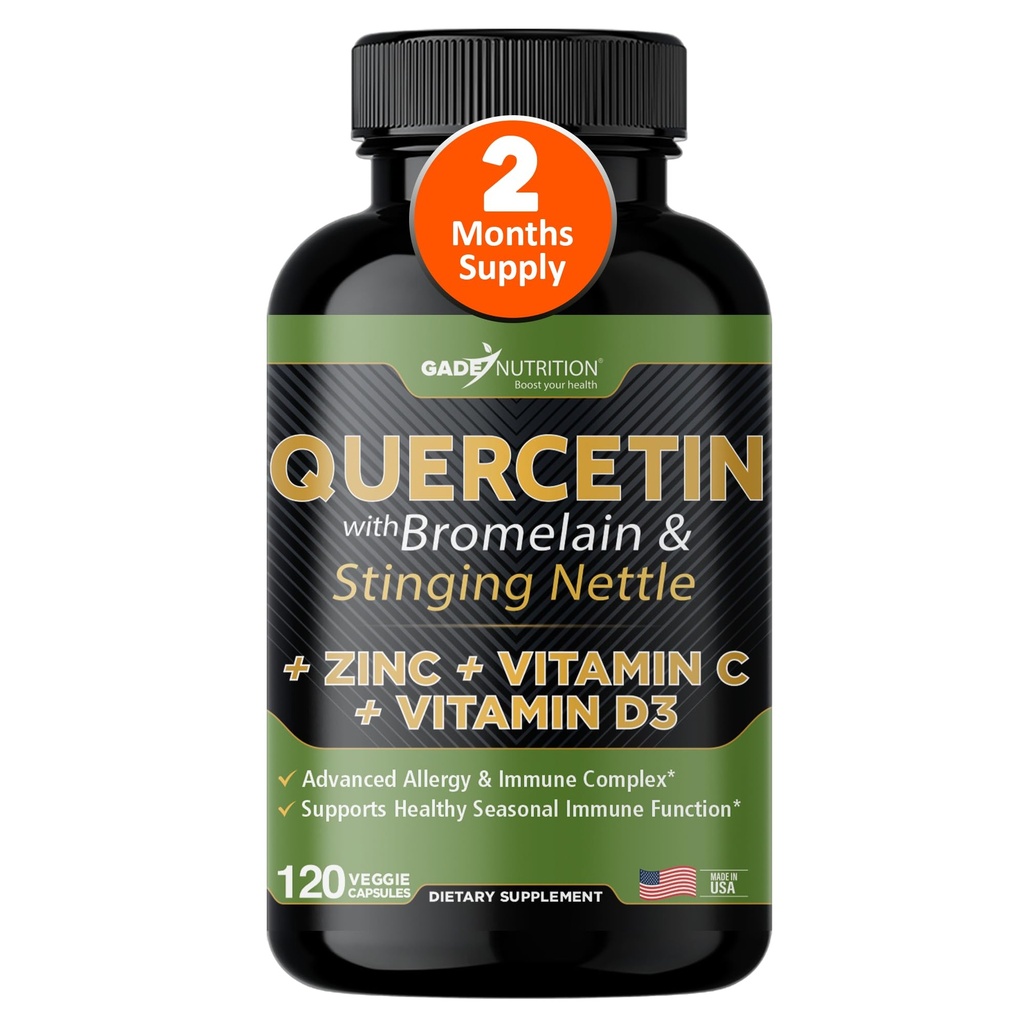Quercetină cu vitamina C și zinc - Querbetin Nettle - Quercetin 500 mg - Querbetin cu Bromelain - Cercetină de zinc + Vitamina D3 - 120 Capace vegetale - (non-GMO, gluten-free, Vegan) - 2 Luna de aprovizionare