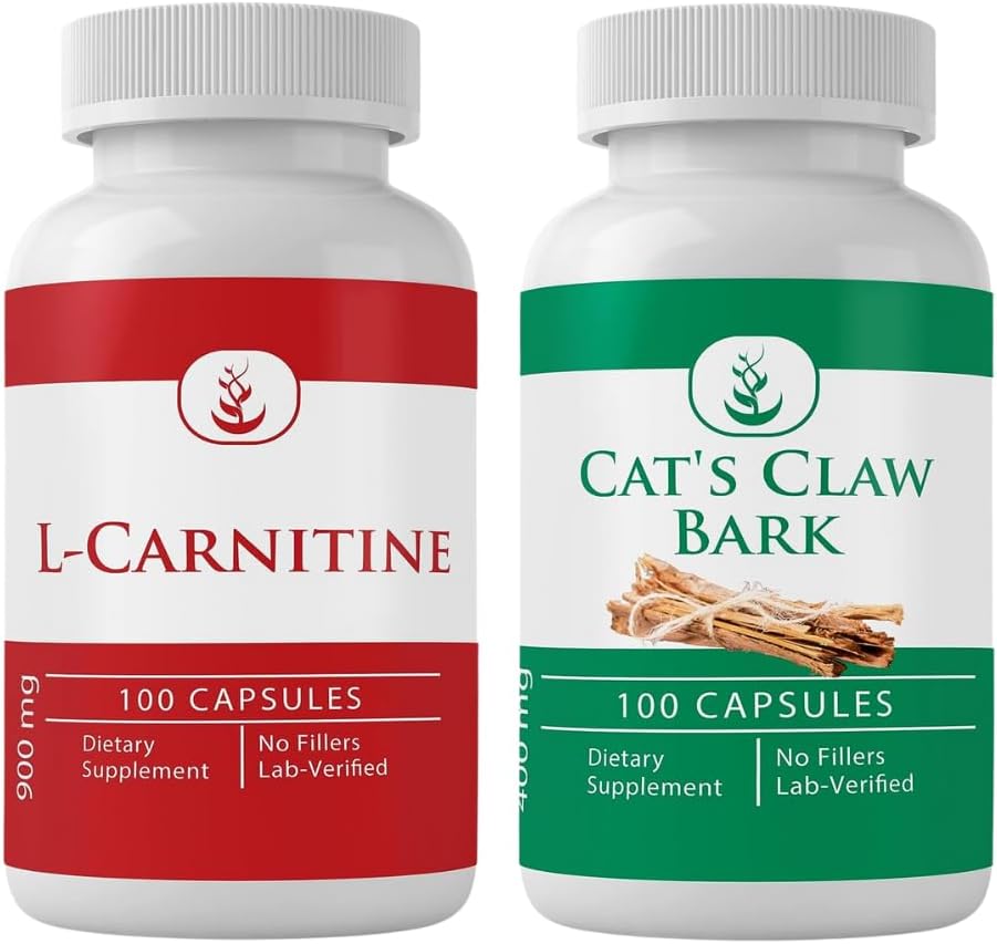 INGREDIENTE ORIGINALE L-Carnitina şi Cat's Claw Bark Bundle, 100 capsule fiecare, întotdeauna pură, fără aditivi sau Fillers