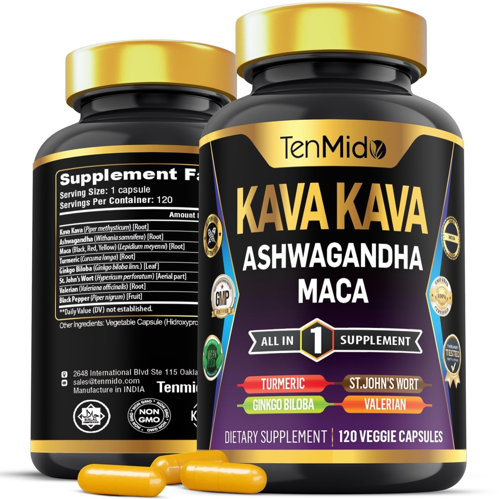 Kava Kava Root Supplement - 8in1 Formula - Combinare cu Ashwagandha, Maca, Turmeric, Ginkgo Biloba, St. John's Wort, Valerian & Black Pepper - 120 capsule Vegan, 4 luni de aprovizionare