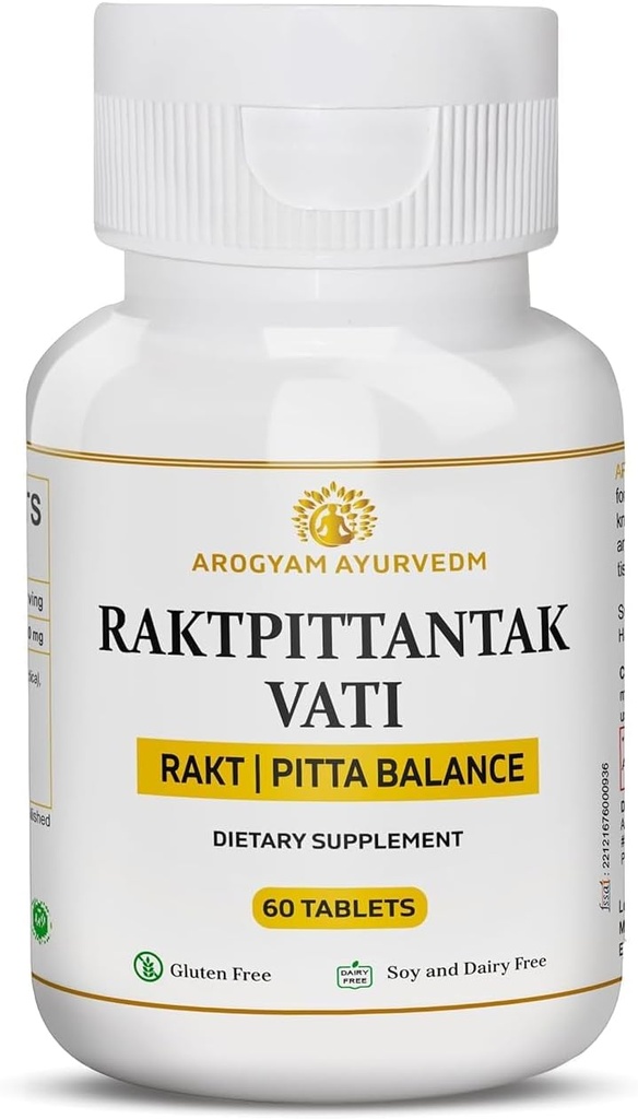 Dr. Pushp AROGYAM AYURVEDM RAKATPITTANTAK TVAI pentru echilibru Pitta, Purificator de sânge - pachet de 60 comprimate