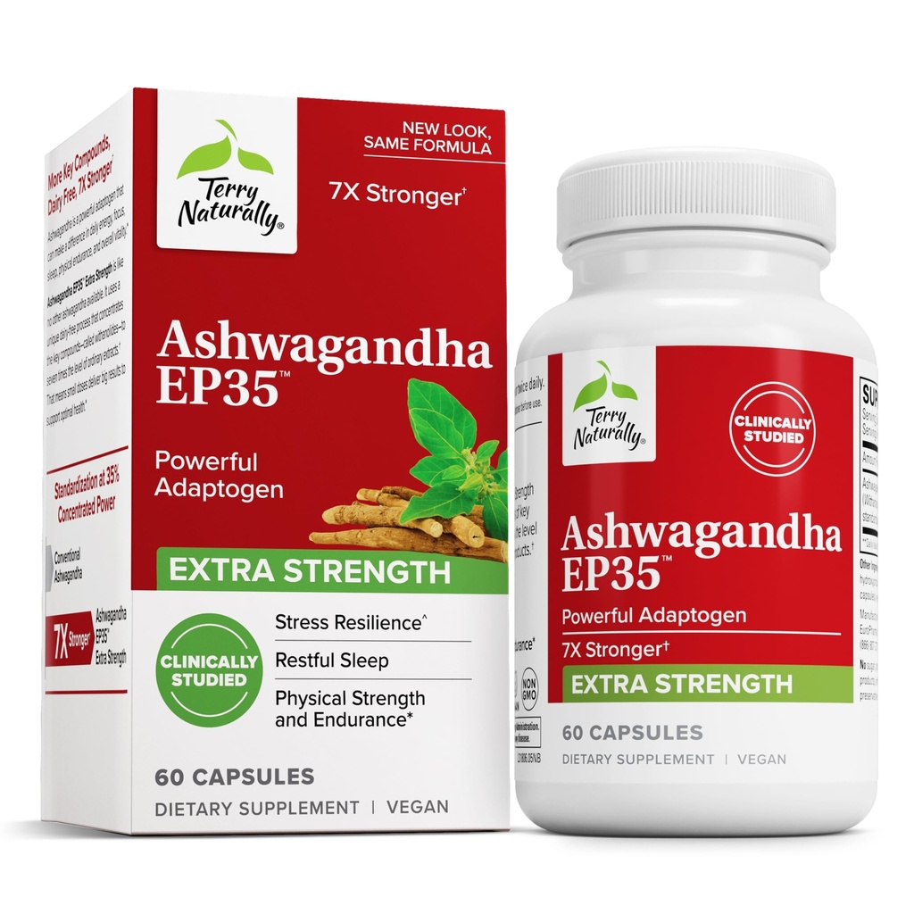 Terry Natural Ashwagandha EP35 Extra Putere - Suplimentul Herbal pentru Sleep Support - Ajutor Stres sănătos - Suport Endurance & Energy - 60 Capsule (60 Servings)