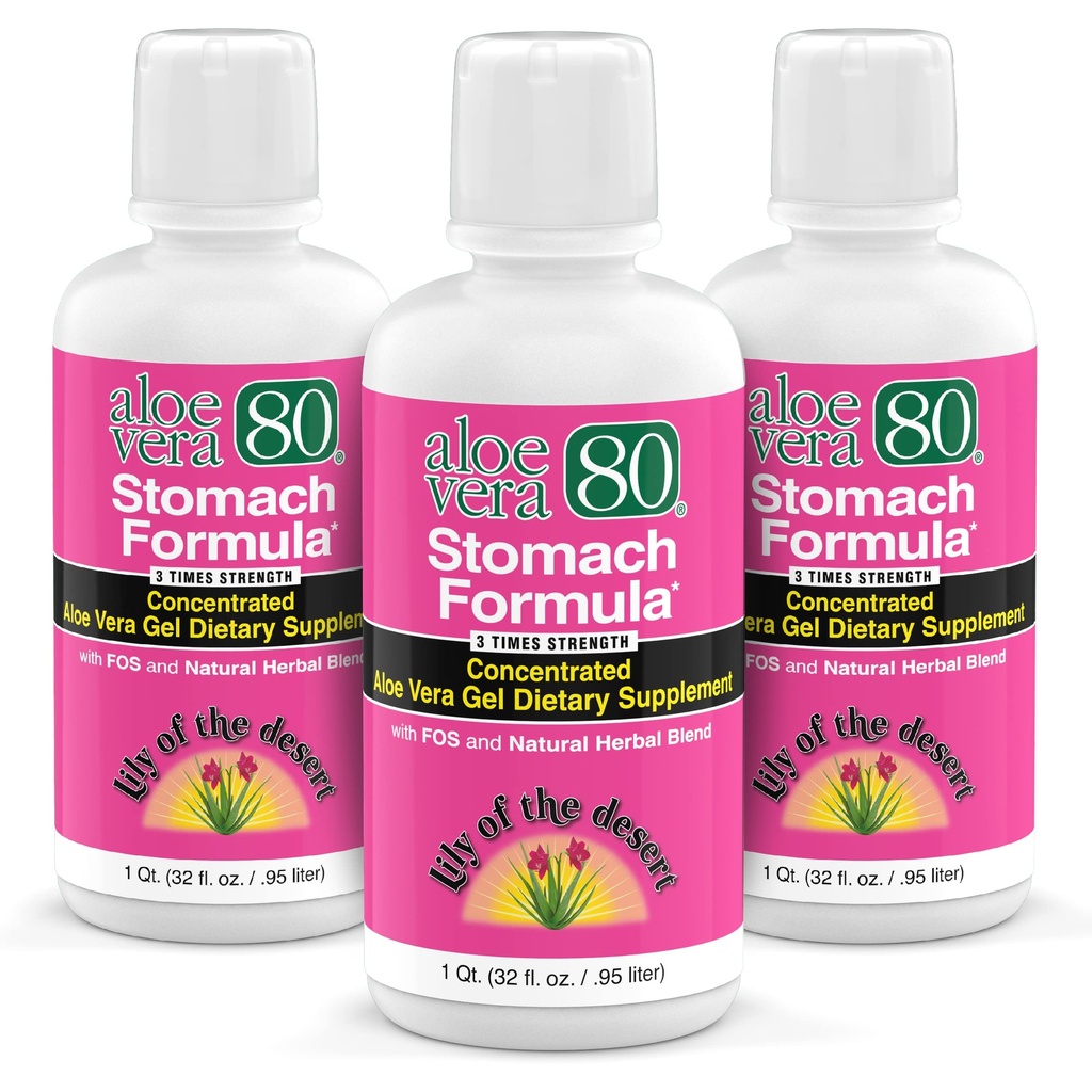 Lily of The Desert Stomac Formula, Aloe Vera 80 Gel - Concentrat Aloe Vera Juice cu Slippery Elm, Chamomile, Peppermint, și Ginger pentru Gut Health, Heartburn, Acid Reflux, 32 Oz (Pachet de 3)