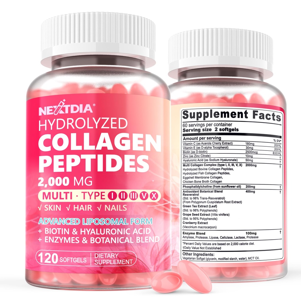 2 Pack Liposomal Colagen Peptides pastile pentru femei 2000mg, Multi Hydrolyzed Colagen Tip I, II, III, V, X cu 2500mcg Biotin - Colagen Suplimente Softgels cu parul, Piele si unghii Vitamine, 240 Cts