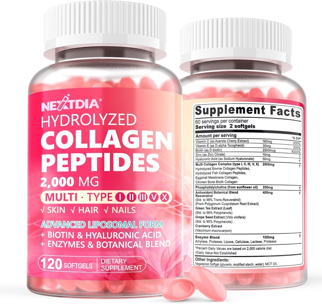 2 Pack Liposomal Colagen Peptides pastile pentru femei 2000mg, Multi Hydrolyzed Colagen Tip I, II, III, V, X cu 2500mcg Biotin - Colagen Suplimente Softgels cu parul, Piele si unghii Vitamine, 240 Cts