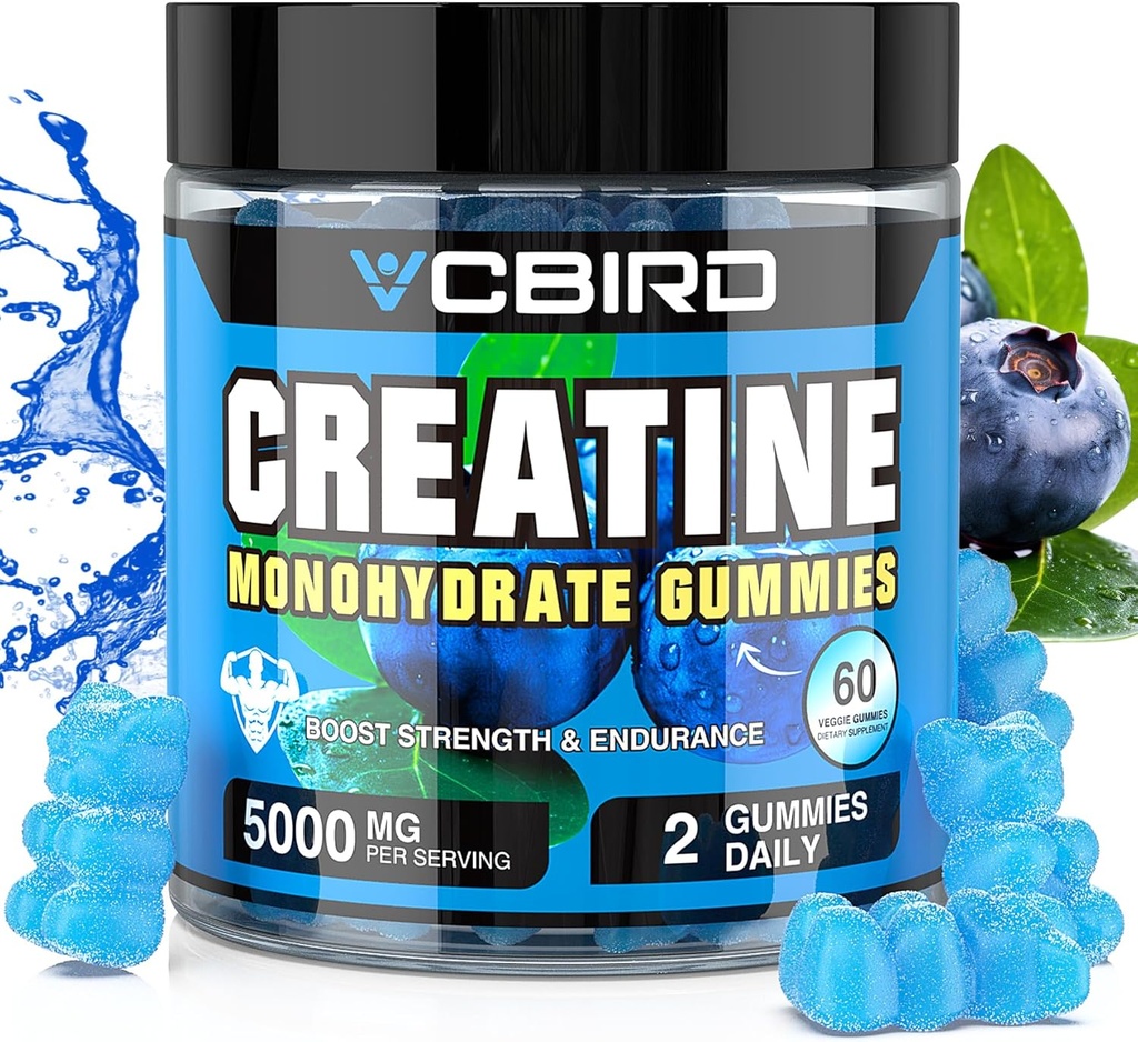Creatină Monohidrat 5g per servire, Nu Sugar Creatine Suplimente Suport pentru Putere, Performanță, Energie, Recuperare, Creatură fără gluten pentru femei și bărbați (60 Gummie)