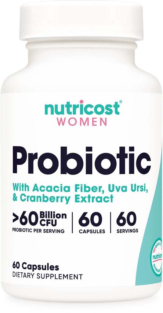 Nutricost Probiotic pentru femei 60 miliarde CFU, 60 capsule, Complex cu Acacia Fiber, Uva Ursi, & Extract de afine - non-GMO & Gluten gratuit