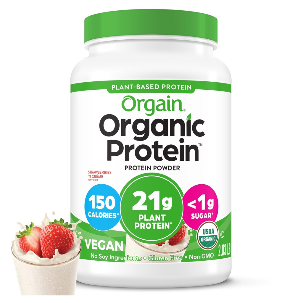 Orgain Organic Vegan Proteine pulbere, Căpșuni și Cream - 21g de proteine pe bază de plante, carbohidrați cu conținut redus de proteine, Gluten/ Lactoză fără zahăr adăugat, Soy Free, Non-GMO, 2,03 Lb