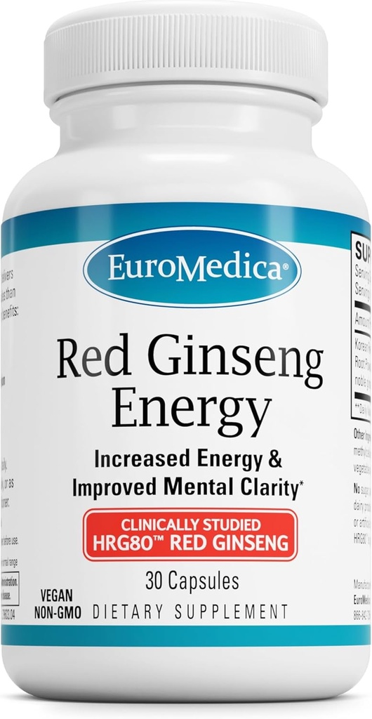 EuroMedica Red Ginseng Energie - Supliment pentru a sprijini energie sănătoasă și focalizare - Suplimentul plantei cu pulbere de rădăcină coreeană Red Ginseng - Tablete Vegane pentru a ajuta rezistenta sanatoasa - 30 capsule