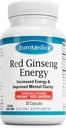 EuroMedica Red Ginseng Energie - Supliment pentru a sprijini energie sănătoasă și focalizare - Suplimentul plantei cu pulbere de rădăcină coreeană Red Ginseng - Tablete Vegane pentru a ajuta rezistenta sanatoasa - 30 capsule