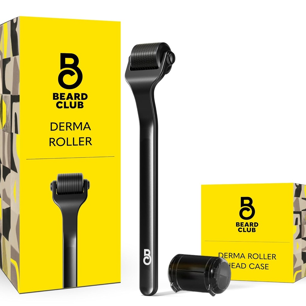 Barbă Club Premium Derma Roller pentru Face, Body și Scalp - Microneedling Roller pentru bărbați și femei cu 540 Titanium Microneedles - pentru păr și barbă - Heighted Metal Handle - Caz de stocare magnetică