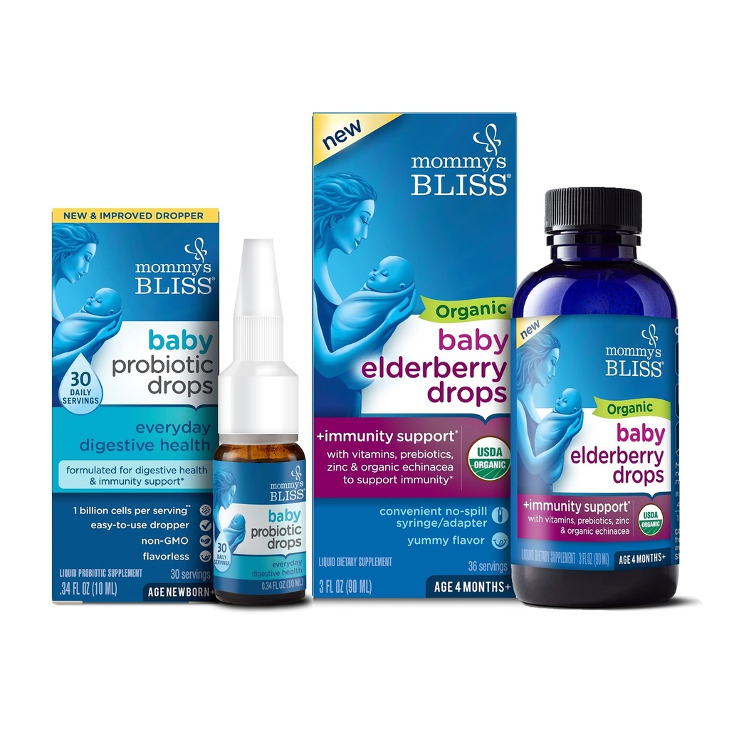 Bliss Baby Probiotic Drops in fiecare zi 30 Serviri (Pachetul de 1) cu organic Baby Elderberry Drops 36 Serviri (Pachetul de 1), Suport Imunitatea copilului