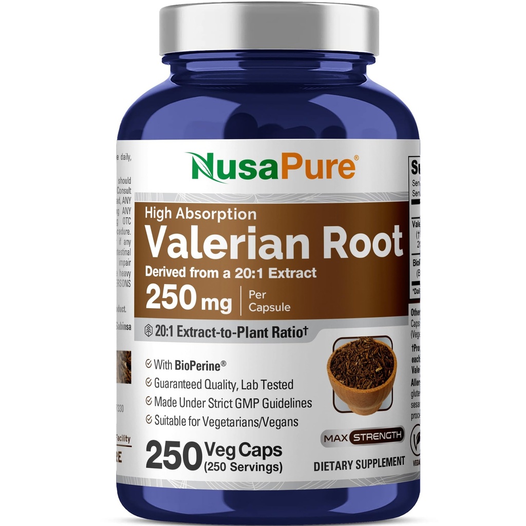 NusaPure Valerian Root 20:1 Extract, 250 mg echivalent cu 5000 mg Per Veggie Caps, 250 Conte, Vegan, Non-GMO, Bioperine