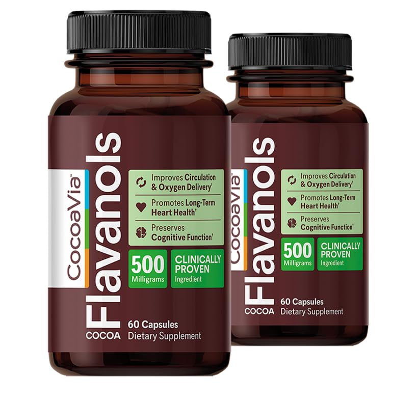 CocoaVia Cardio Health Supplement, 60 Day, 500mg Cocoa Flavanols, Suport Heart Health, Boost Nitrogen oxid, Blood Circulation, Energy, Vegan, Dark Chocolate, 120 Capsule