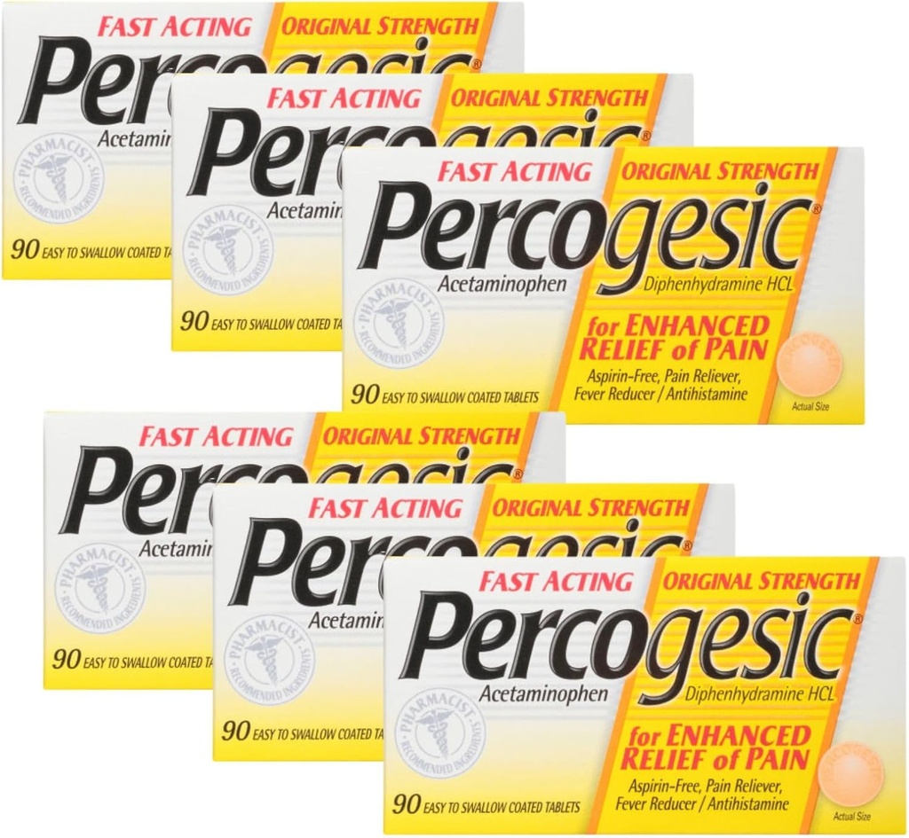 Percogesic Aspirin Free Pain Relief Tablets, Original Strength, Acetaminophen and Diphenhydramine, 90 ct (Pack of 6)