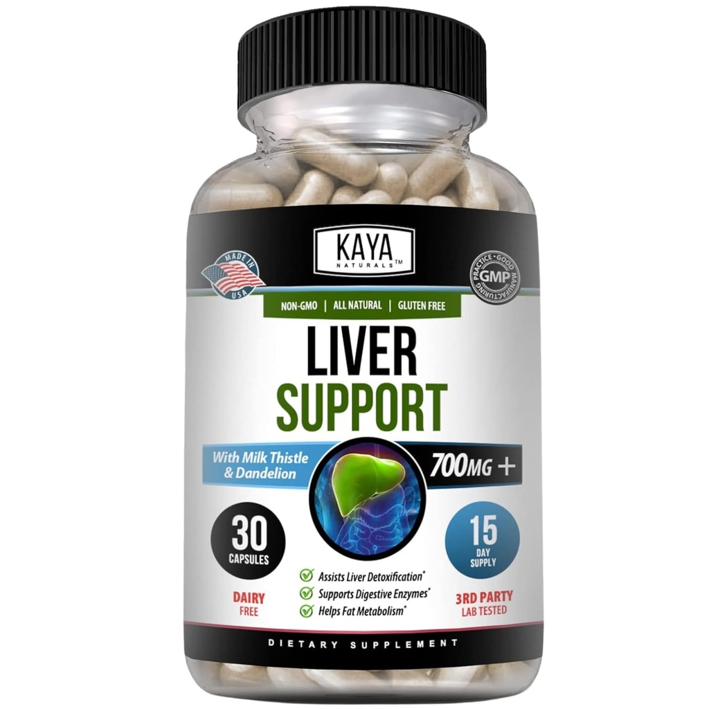 Kaya Naturals Ficat Cleanse Detox & Reparații - Milk Thistle Supliment - Detoxifiere hepatică pentru femei și bărbați - Extract de anghinare și capsule de rădăcină Dandelion - 30 Conte