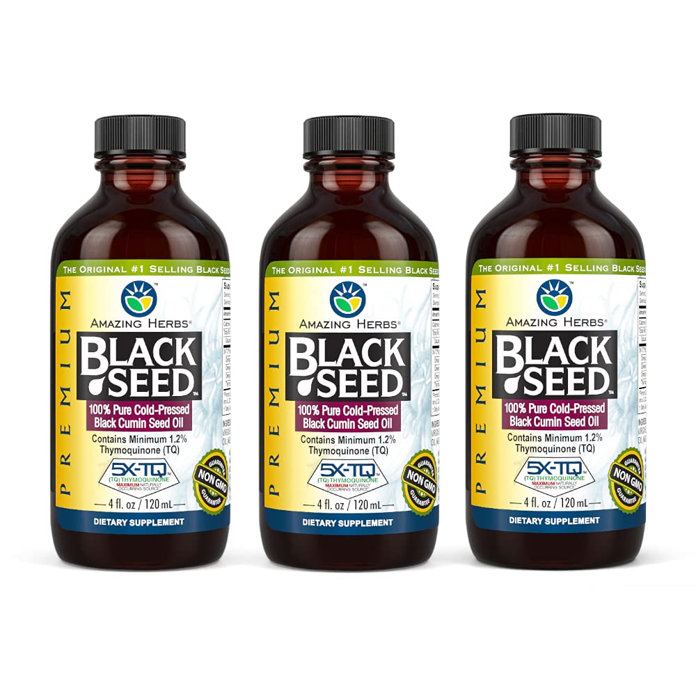 Amazing Herbs Premium Black Seed Oil - Gluten Free, Non OMG, Cold presat Nigella Sativa SIDA în Digestive Health, Immune Support, Brain Function - 4 Fl Oz (Pachetul de 3)