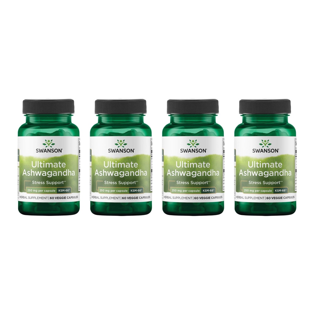 Swanson Ultimate Ashwagandha KSM-66 - Herbal Supplement Supplement Supporting Healthy Stres Levels & Relaxation - Natural Formula pentru a promova un calm și relaxat Mindset - (60 Veggie Capsules, 250mg Each) (4 Pack)