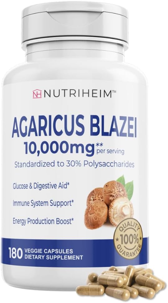 Agaricus Blazei Extract de ciuperci organice pentru suport imunitar și energetic - 30% Polizaharide și 180 Capsule vegetale - ne-GMO, gluten-free, Supliment Vegan-Friendly