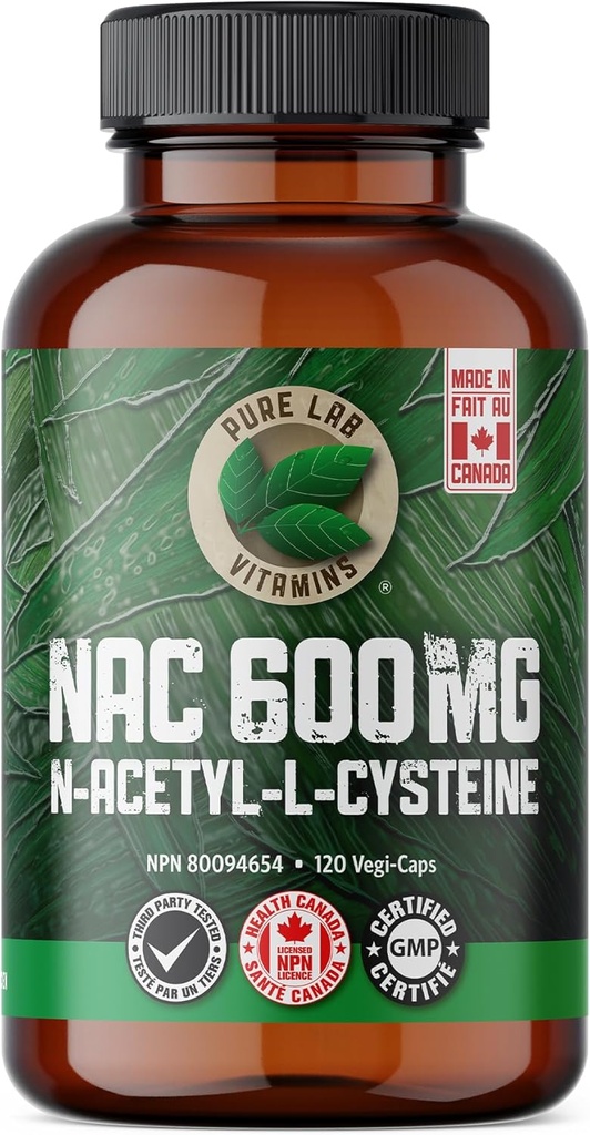 Vitamine pure de laborator NAC (N-Acetil-Cysteine) 600 mg - 120 capsule fabricate în Canada