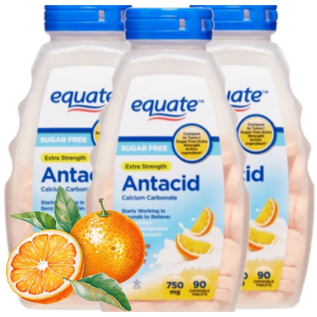 Antiacide Comprimate de zahăr fără concentraţie extra, cremă portocalie, carbonat de calciu 750 mg, 90 fiecare (Pachet de 3)