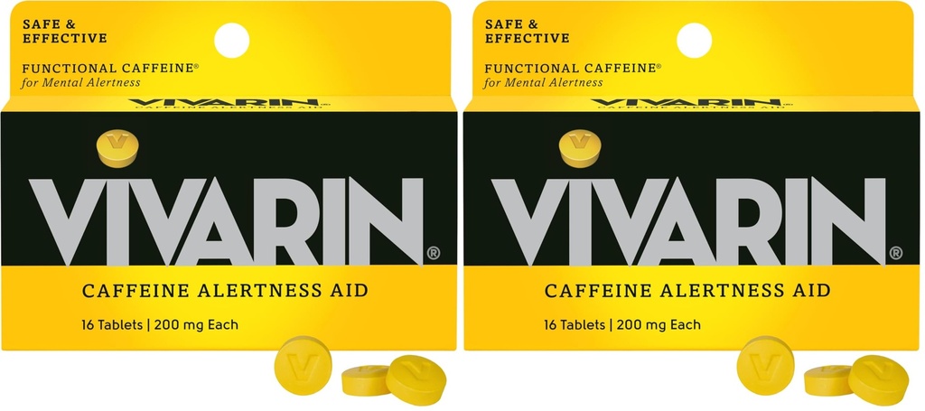 Vivarin, Pastile Cafeina, 200 mg Cafeina per doză, în condiții de siguranță și eficient vă ajută să stați treziți, fără zahăr, calorii sau ingrediente ascunse, Suplimentul energetic, 16 tablete (Pachet de 2)