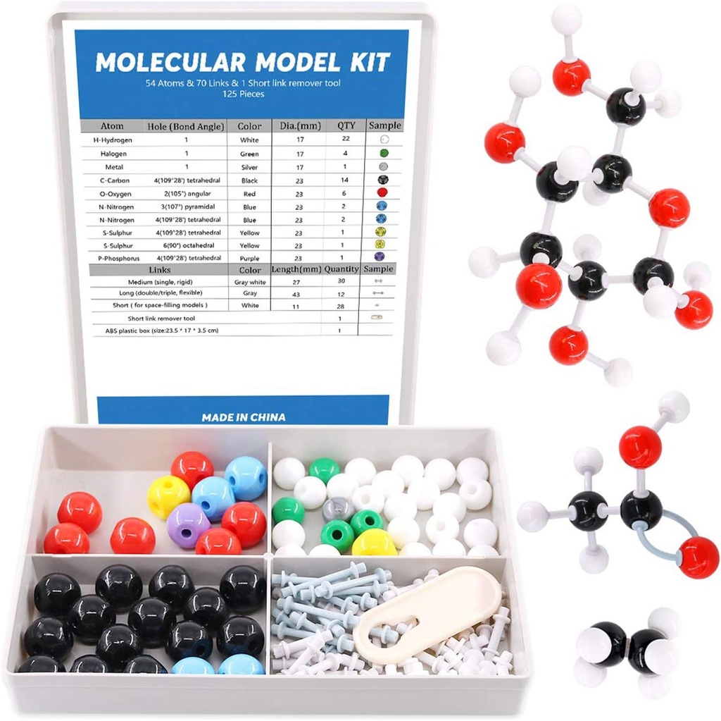 Swpeet 125 PC-uri Molecular Model Kit pentru Inorganic & Organic Molecular Model Profesor și 16 ani și peste Student Kit - 54 Atomi & 70 Link-uri & 1 Scurt link Remover Tool - Știință Jucării