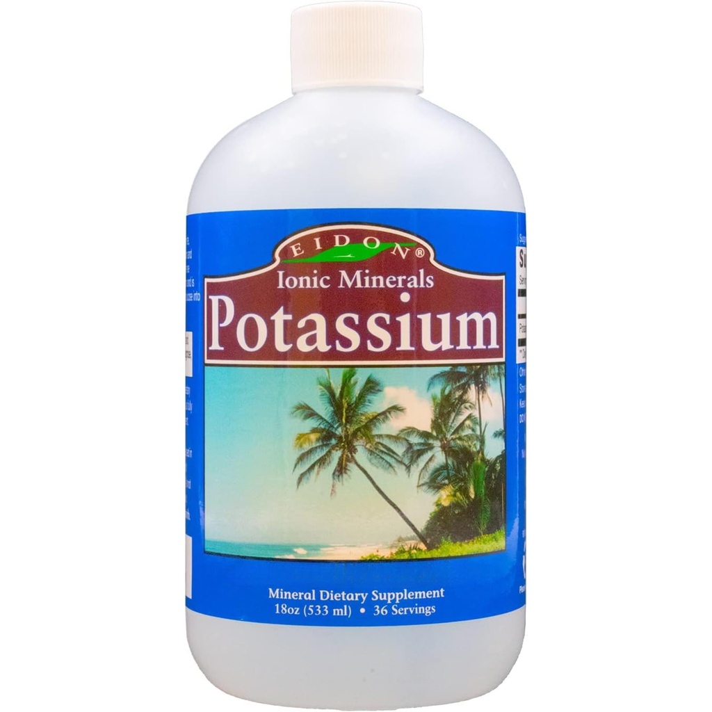 Supliment de potasiu lichid Eidon - Clorura de potasiu picături, Electrolit esențial pentru funcția celulară, Minerale ionice biodisponibile, Toate naturale, fără conservanți sau aditivi - 18 oz