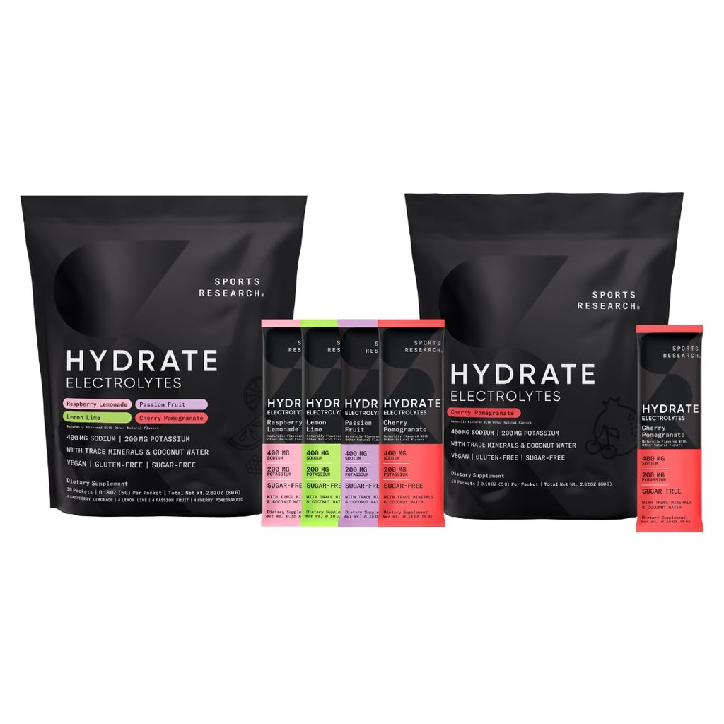 Cercetare sportivă Hydrate Electrolytes Combo Pack - Sugar-Free & natural arovărate cu vitamine, minerale, și apă de cocos - Sprijină hidratare - 32 Pachete - Cherry rodie Dominant Flavor