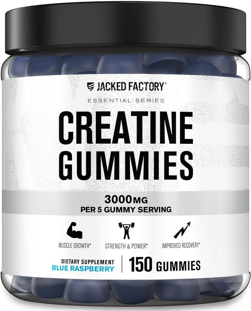 Fabrica Jacked Creatina Monohidrat Gummies (3g) - Creatura pentru cresterea musculara, Putere, Enhanced Energy, si performanta sportiva imbunatatita - 150 Gume, Blue Raspberry