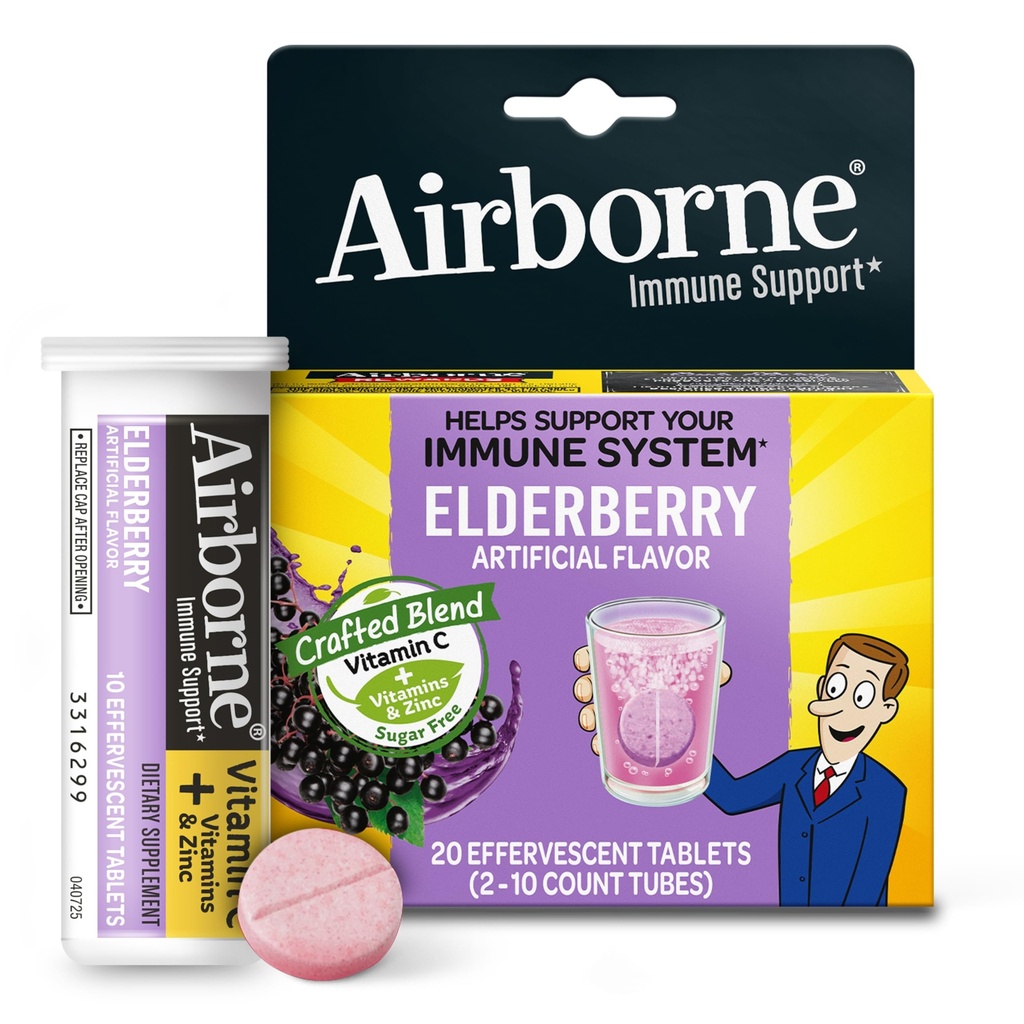 Extract de elderberry + vitamina C 1000mg (per Serving) - Tablete efervescente (20 Număr într-o cutie), supliment de sprijin imunitar fără gluten, cu vitamine A C E, zinc, seleniu, zahăr fără
