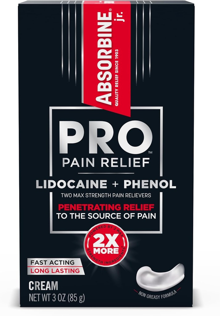 ABSORBINE JR. Absorbine Jr. PRO Max Putere Lidocaină Cream, Durere maximă de relief cu Fenol pentru acțiune rapidă de durere nervoasă, dureri musculare, și Discomfort comun, Formula non-Greasy, 3oz. Tub, 1